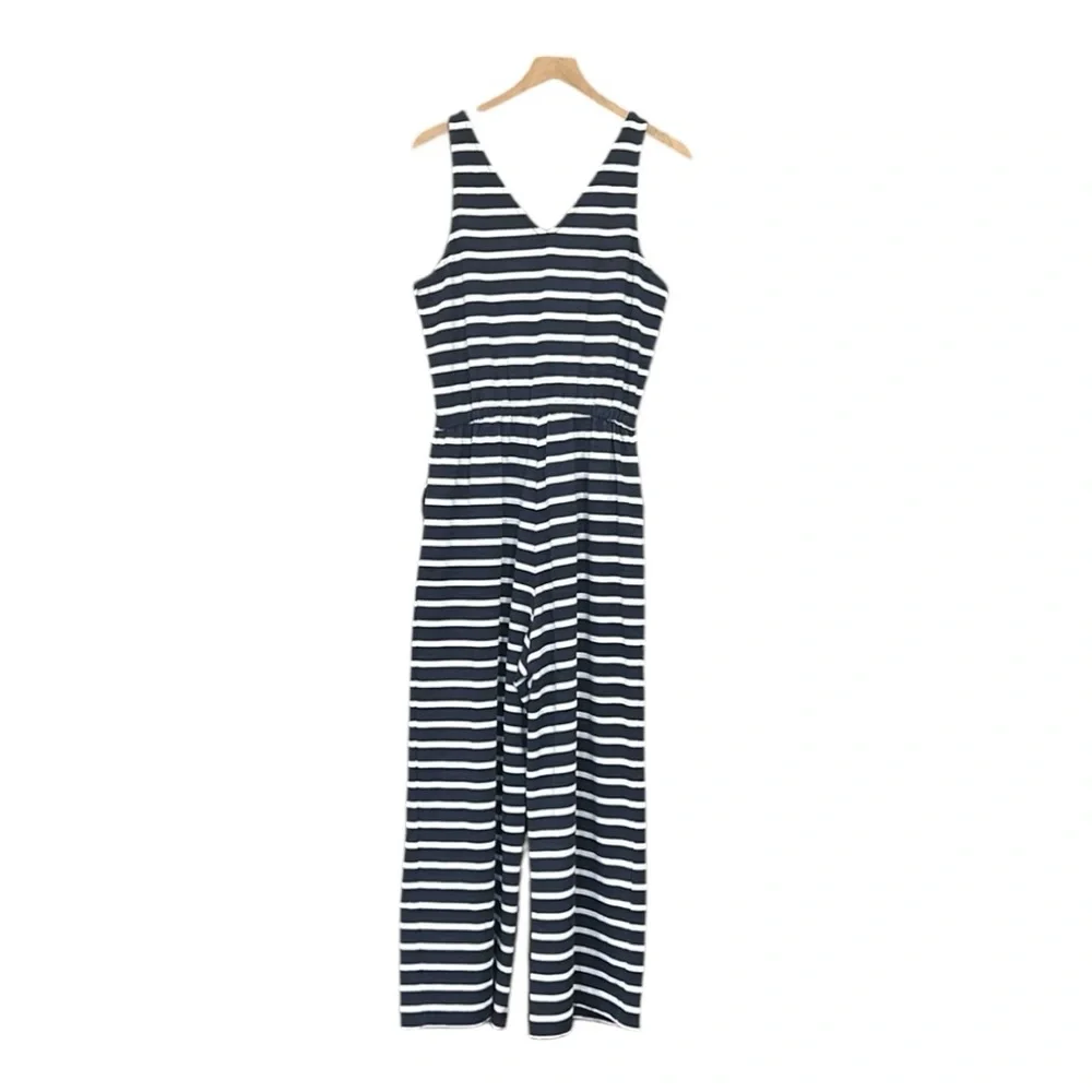 Old Navy Cropped Wide Leg Sleeveless Navy Striped Knit Jumpsuit Medium Tall - Picture 4 of 14